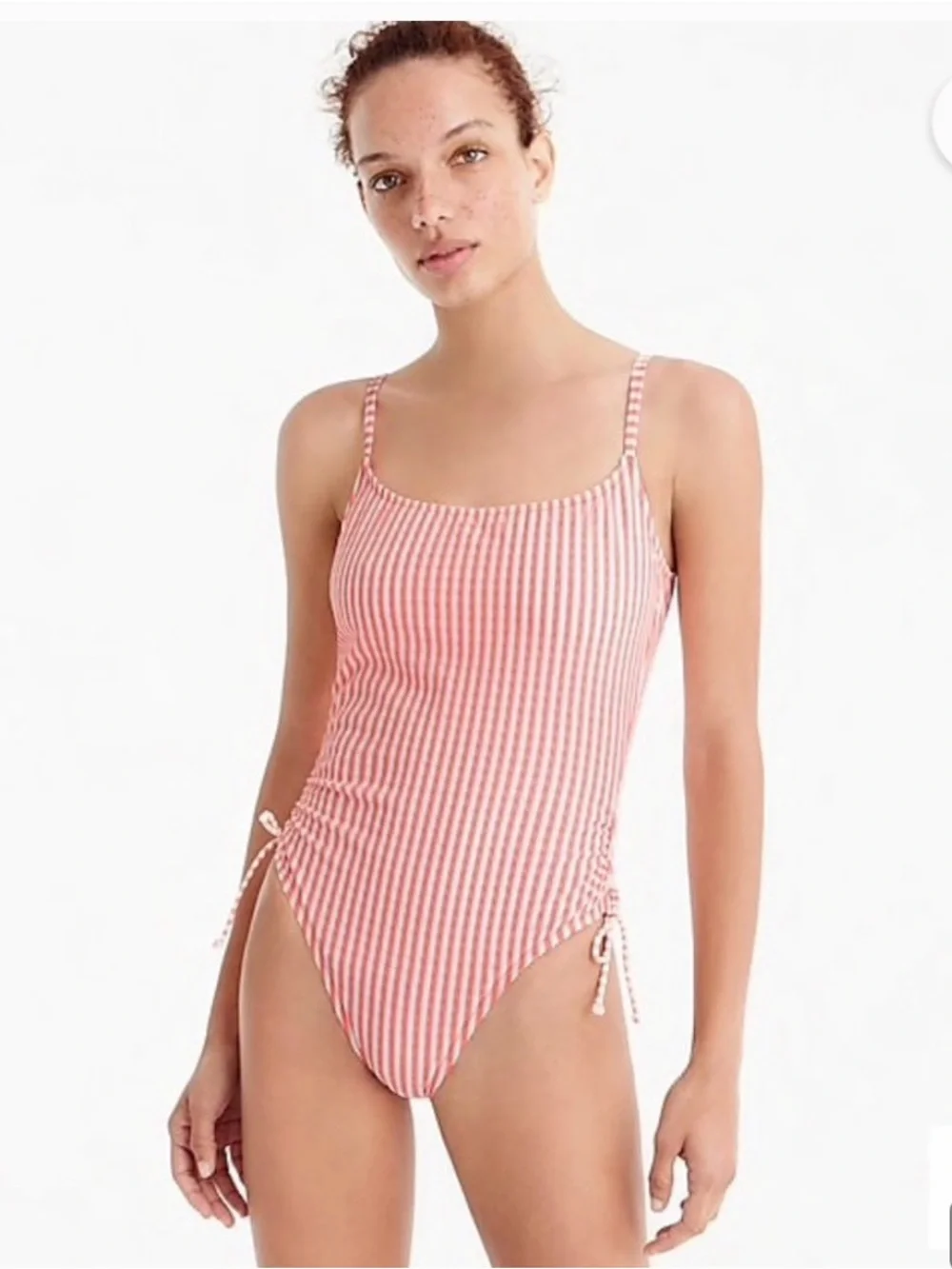 J.Crew Seersucker Striped in Coral One-Piece Swimsuit with Side Ties Sz M $110